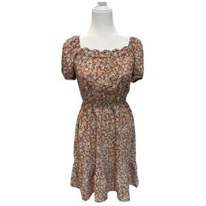 Monteau Los Angelas Floral Midi‎ Dress Scalloped Neckline Elastic Waist- Small